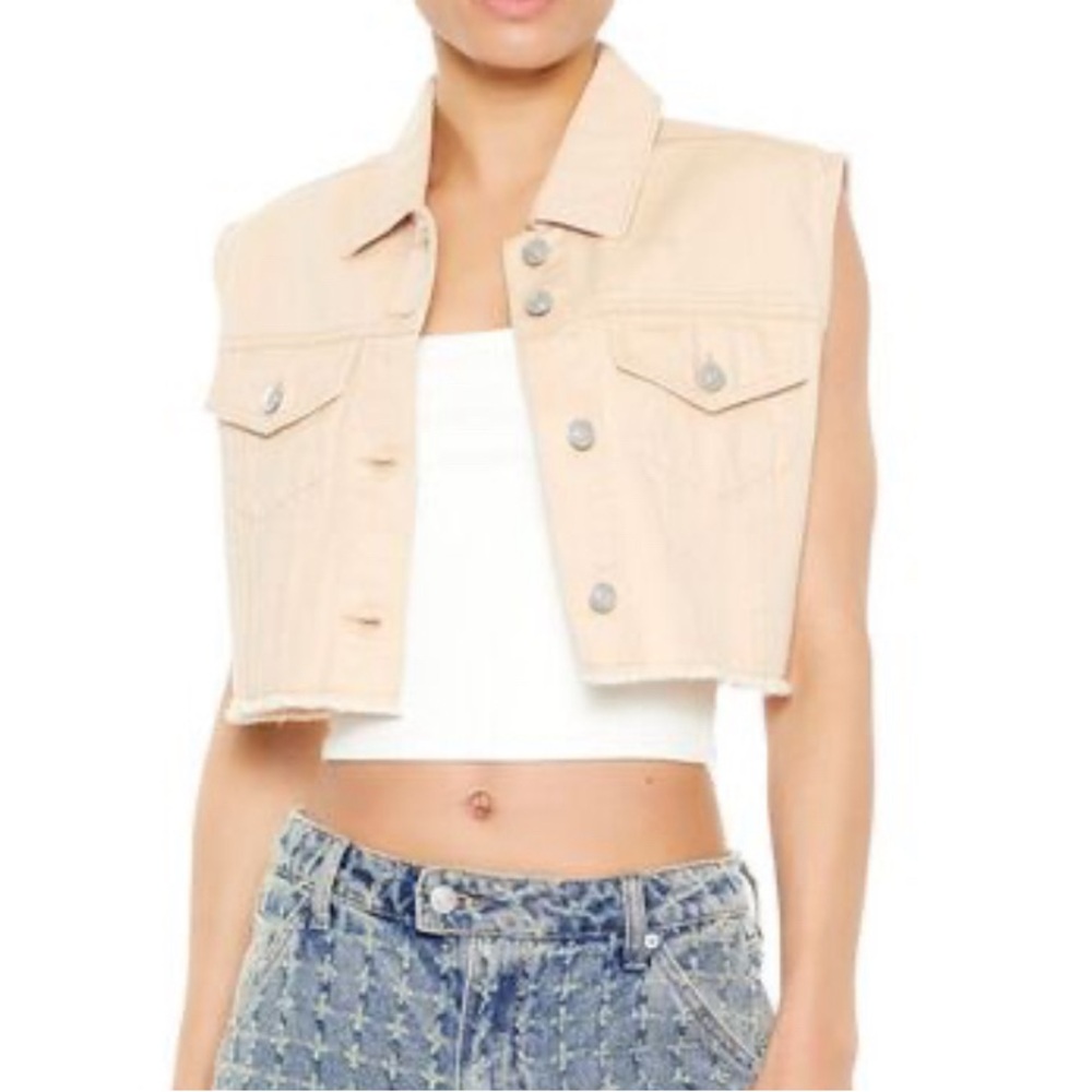 Beige Frayed-Trim Cropped Denim Vest